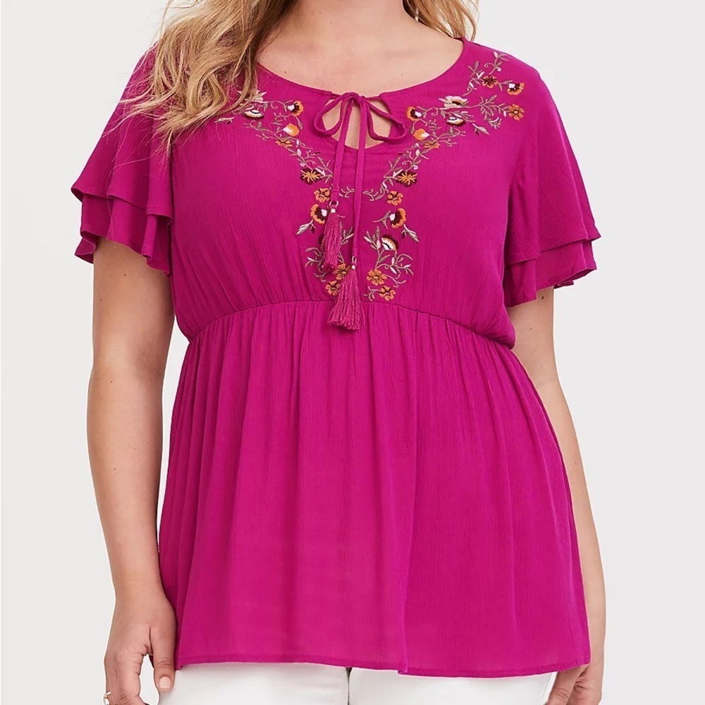 Torrid Crepe Embroidered Flutter Sleeve Top Blouse 1X